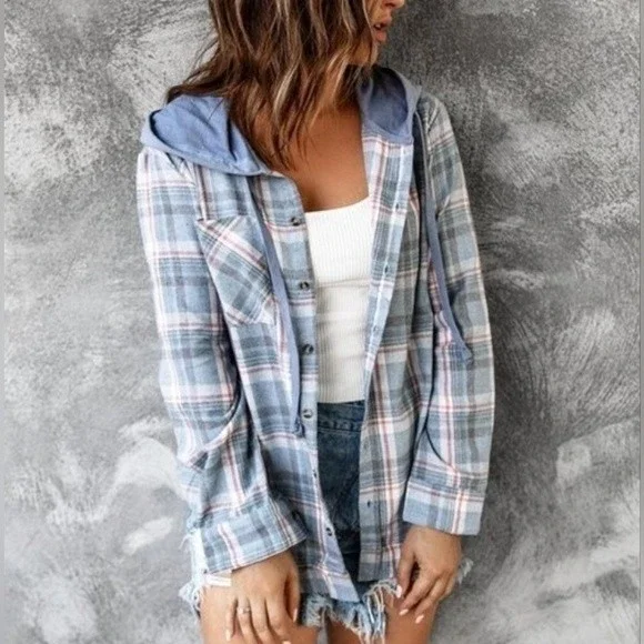 Button Up Long Sleeve Plaid Hooded Jacket - Picture 2 of 2
